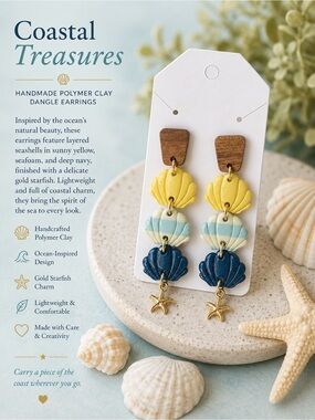 Kids Yellow Seafoam & Navy Shell Dangle Earrings
